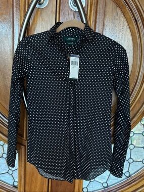 Lauren Ralph Lauren Black and White Polka Dot Dress Shirt -